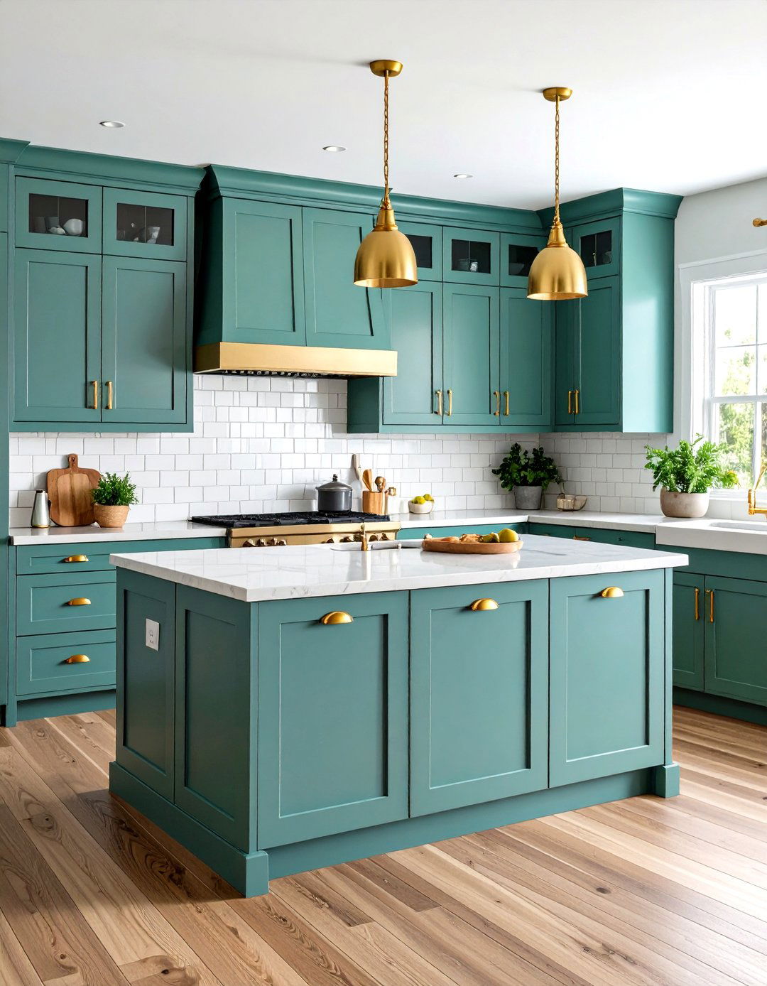 Seafoam Green Cabinets with Golden Yellow Hardware