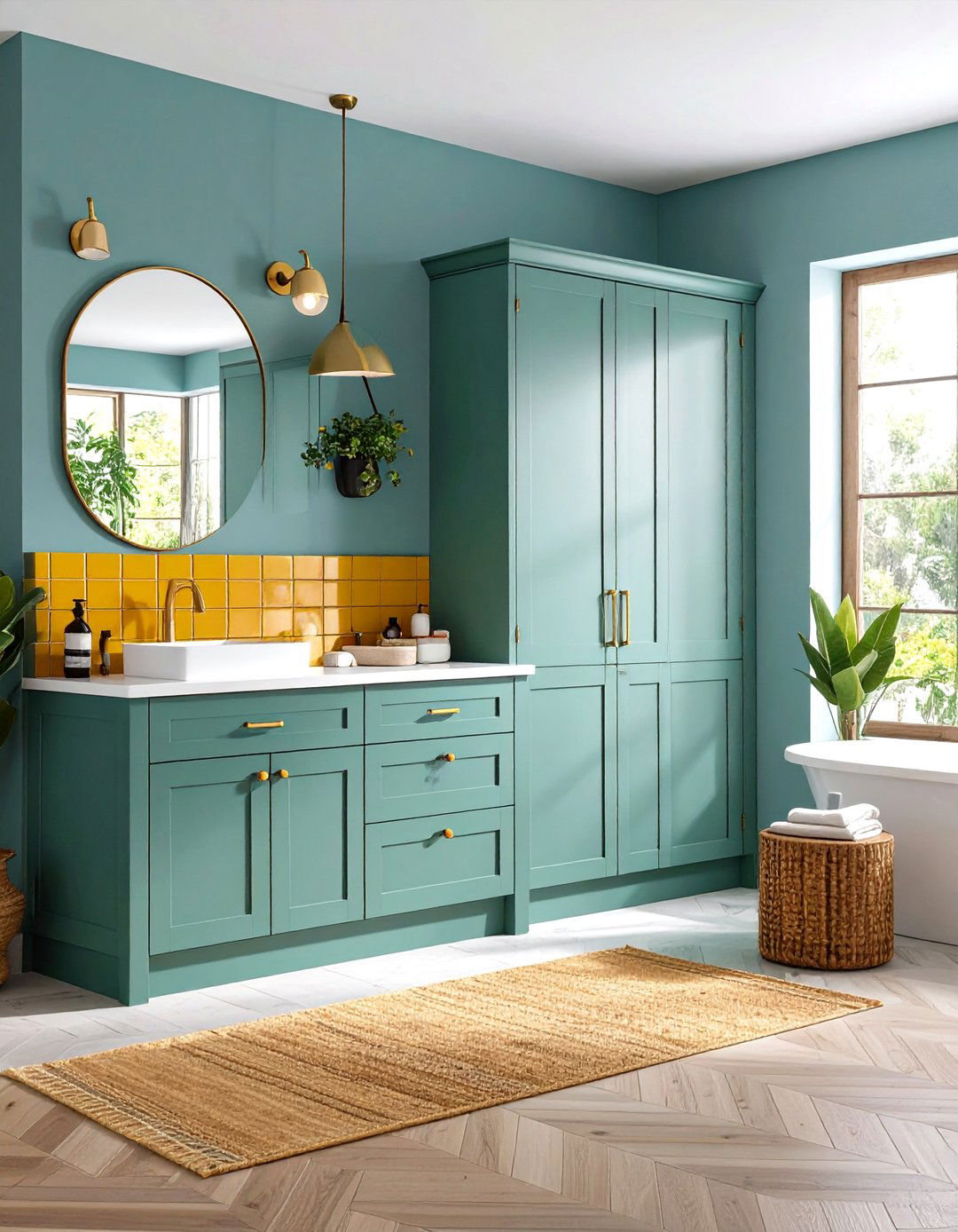 Seafoam Green Cabinets with Marigold Yellow Backsplash - 24 Yellow and Green Bathroom Ideas