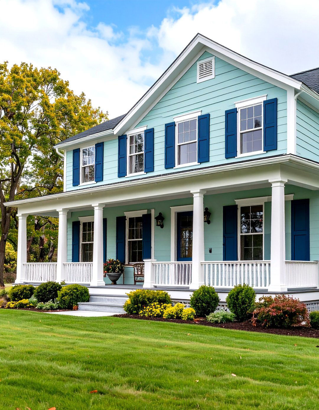 Seafoam Green Clapboard with Navy Blue Shutters - 24 Farmhouse Green Exterior Home Ideas