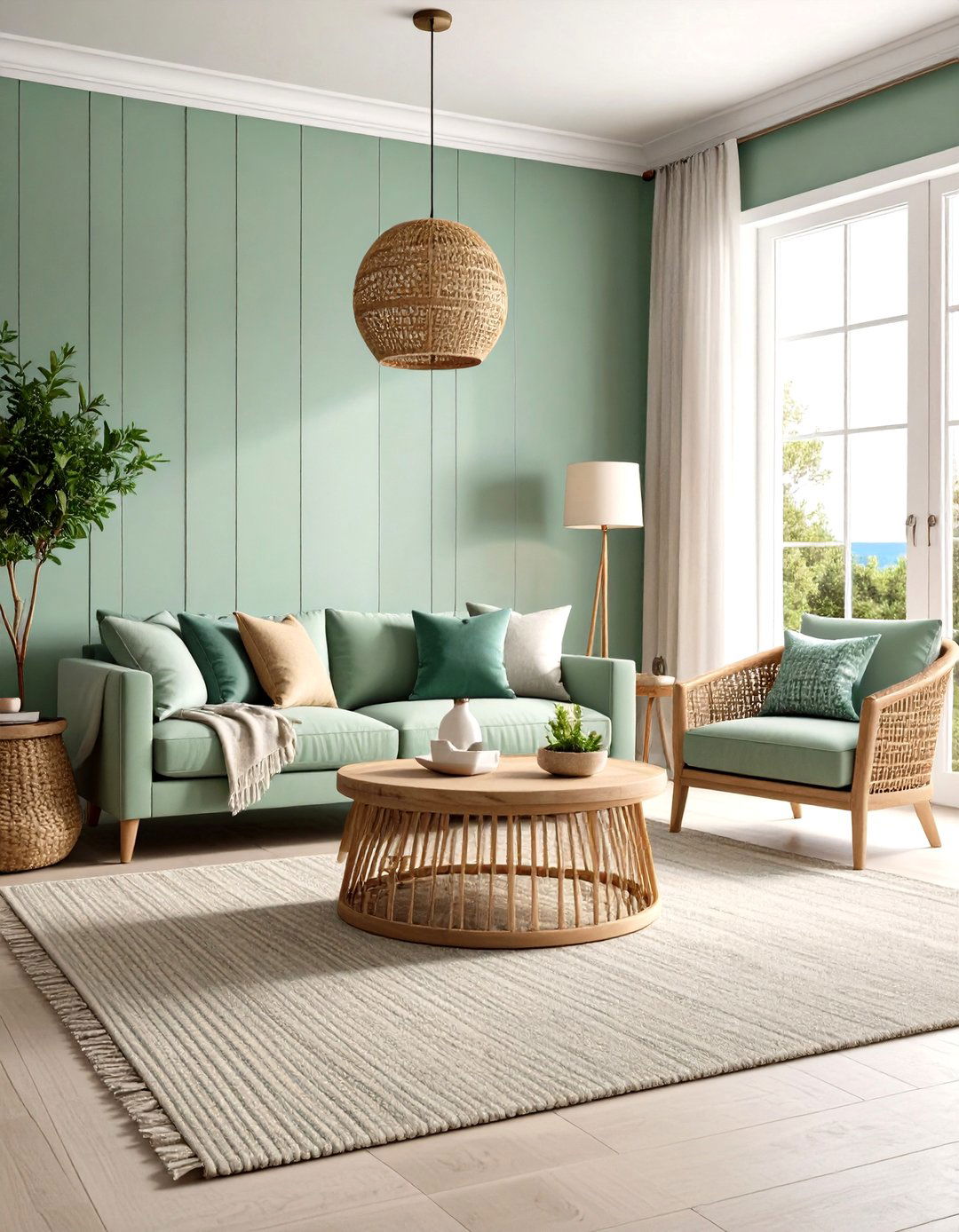 Seafoam Green Coastal Living Room - 24 Monochromatic Living Room Ideas