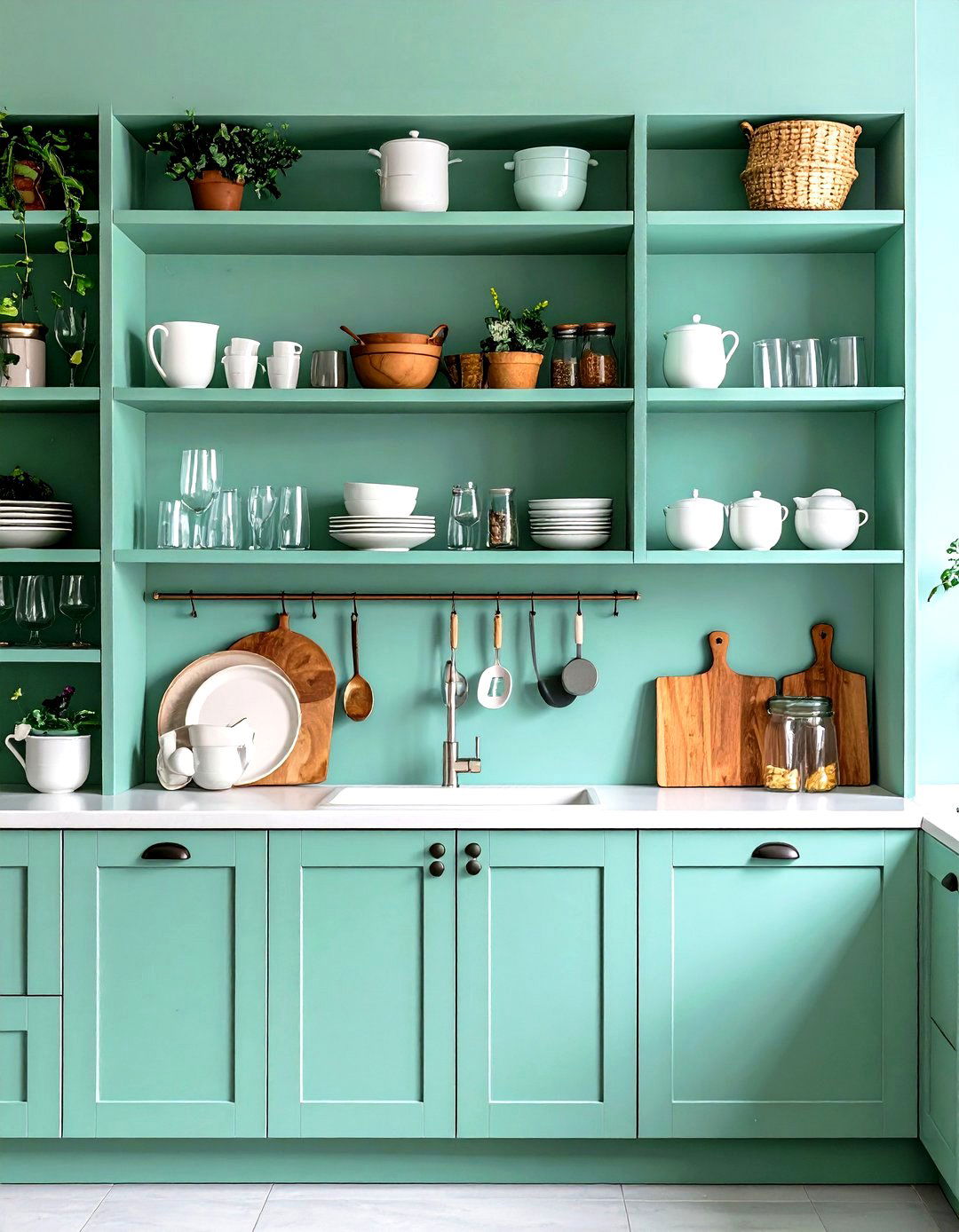Seafoam Green Open Shelving Display - 24 Seafoam Green Kitchen Ideas