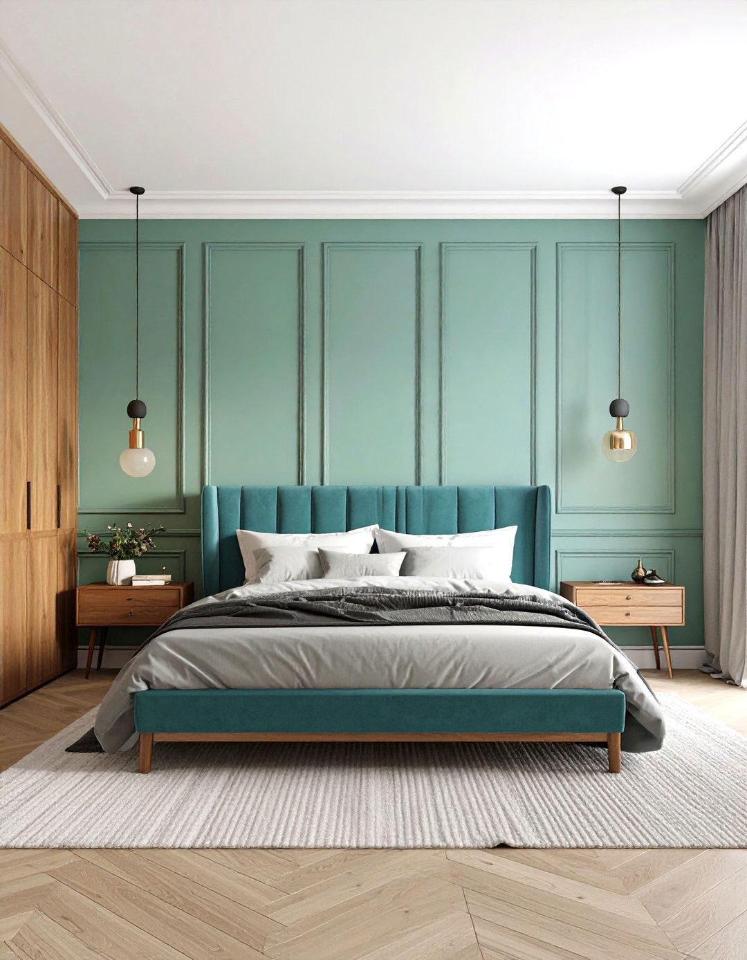 Seafoam Green Transitional Bedroom Design - 24 Green Panelling Bedroom Ideas
