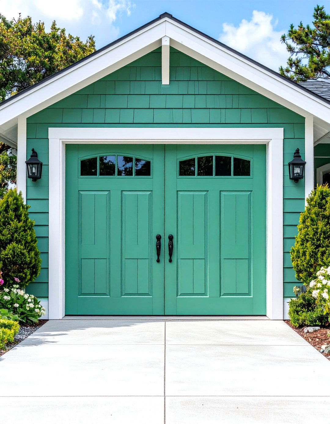 Seafoam Green Vinyl Door with Coastal Styling - 24 Green Garage Door Ideas