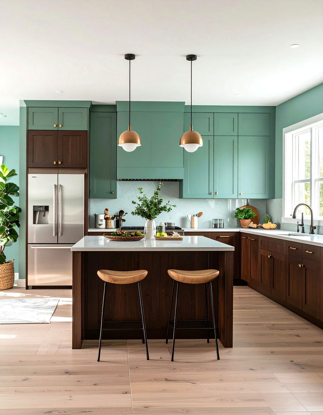 Seafoam Green Walls with Dark Brown Floor Cabinets - 24 Green and Brown Kitchen Ideas