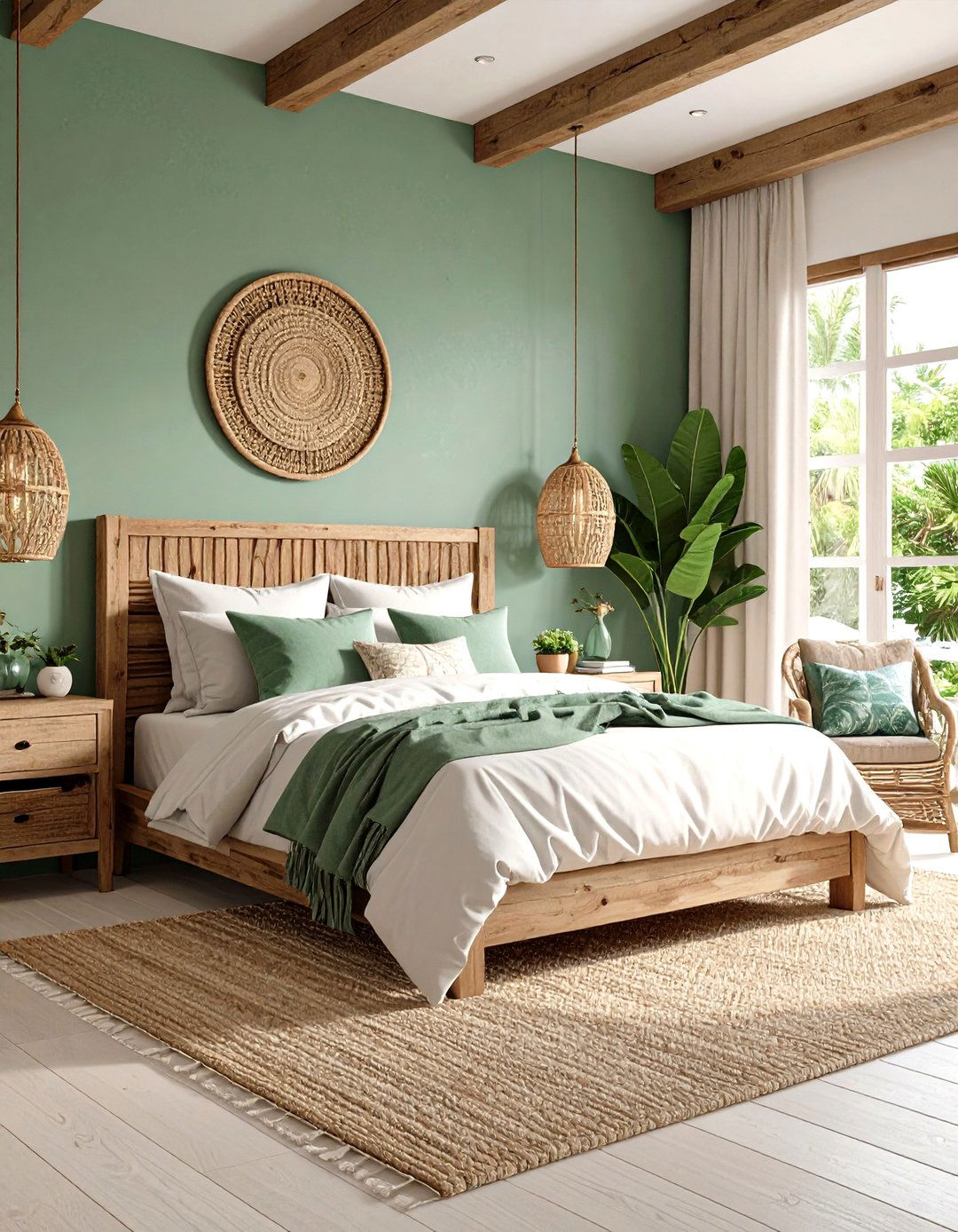 Seafoam Green Walls with Driftwood Brown Elements - 24 Green and Brown Bedroom Ideas