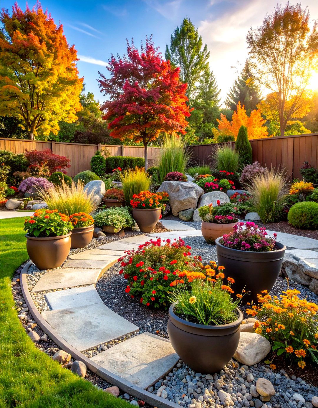 Seasonal Container Integration - 24 Front Yard Landscaping Ideas With Rocks and Mulch
