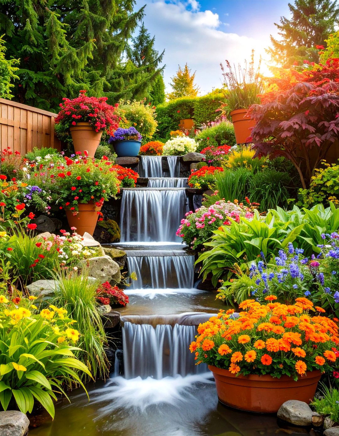 Seasonal Container Waterfall Garden - 24 Backyard Waterfall Ideas