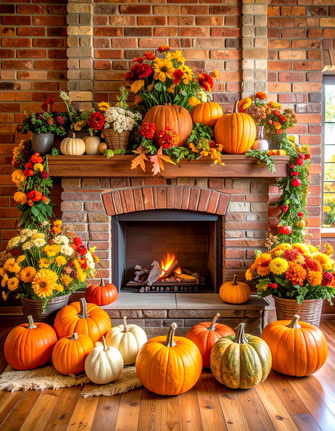 Seasonal Decorated Rustic Brick Fireplace - 24 Rustic Brick Fireplace Ideas