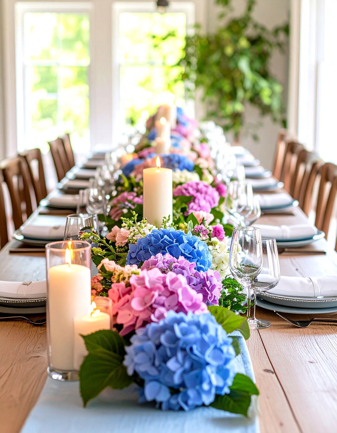 Seasonal Hydrangea Table Runner Displays - 24 Hydrangea Centerpiece Ideas