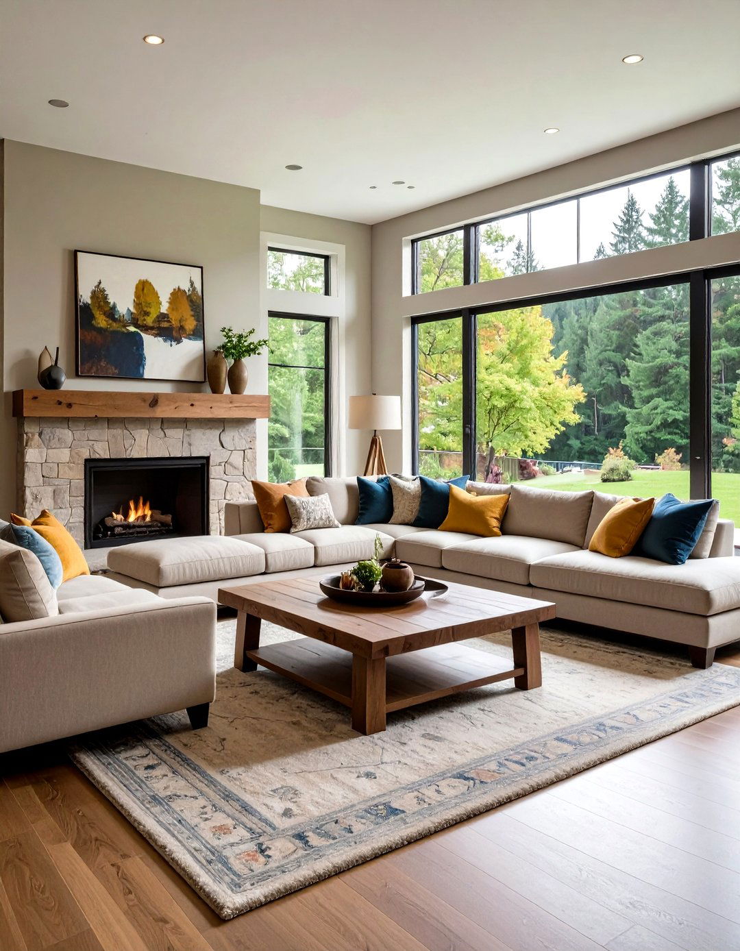 Sectional with Coffee Table Focus - 24 Fireplace Seating Ideas