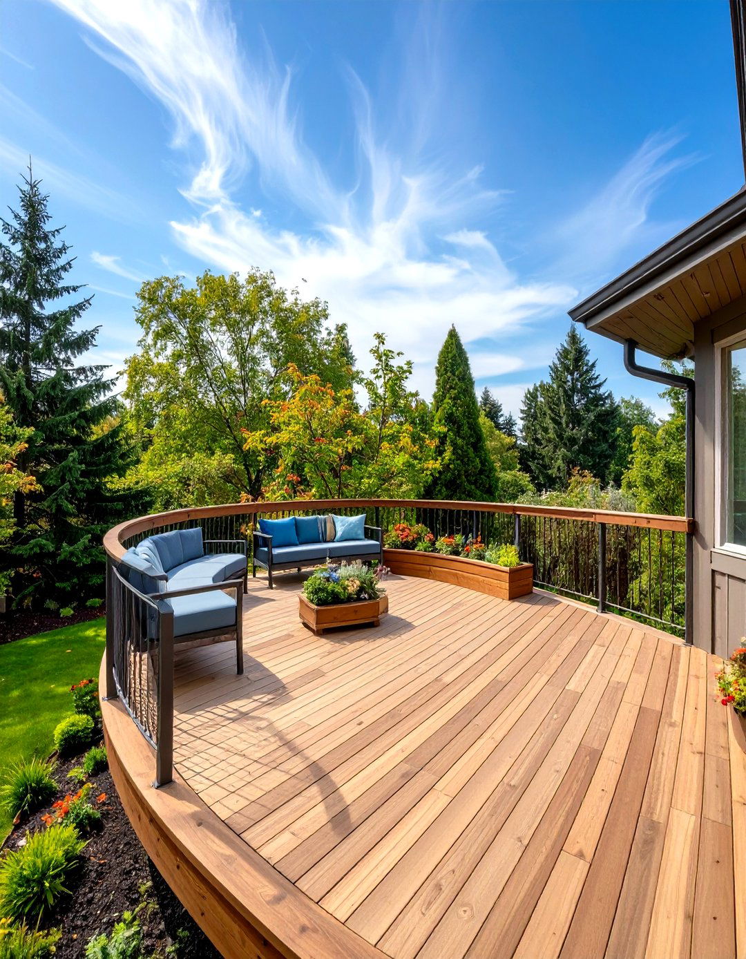 Semi Circle Deck Patio with Curved Railing Design - 24 Semi Circle Patio Ideas and Inspiration