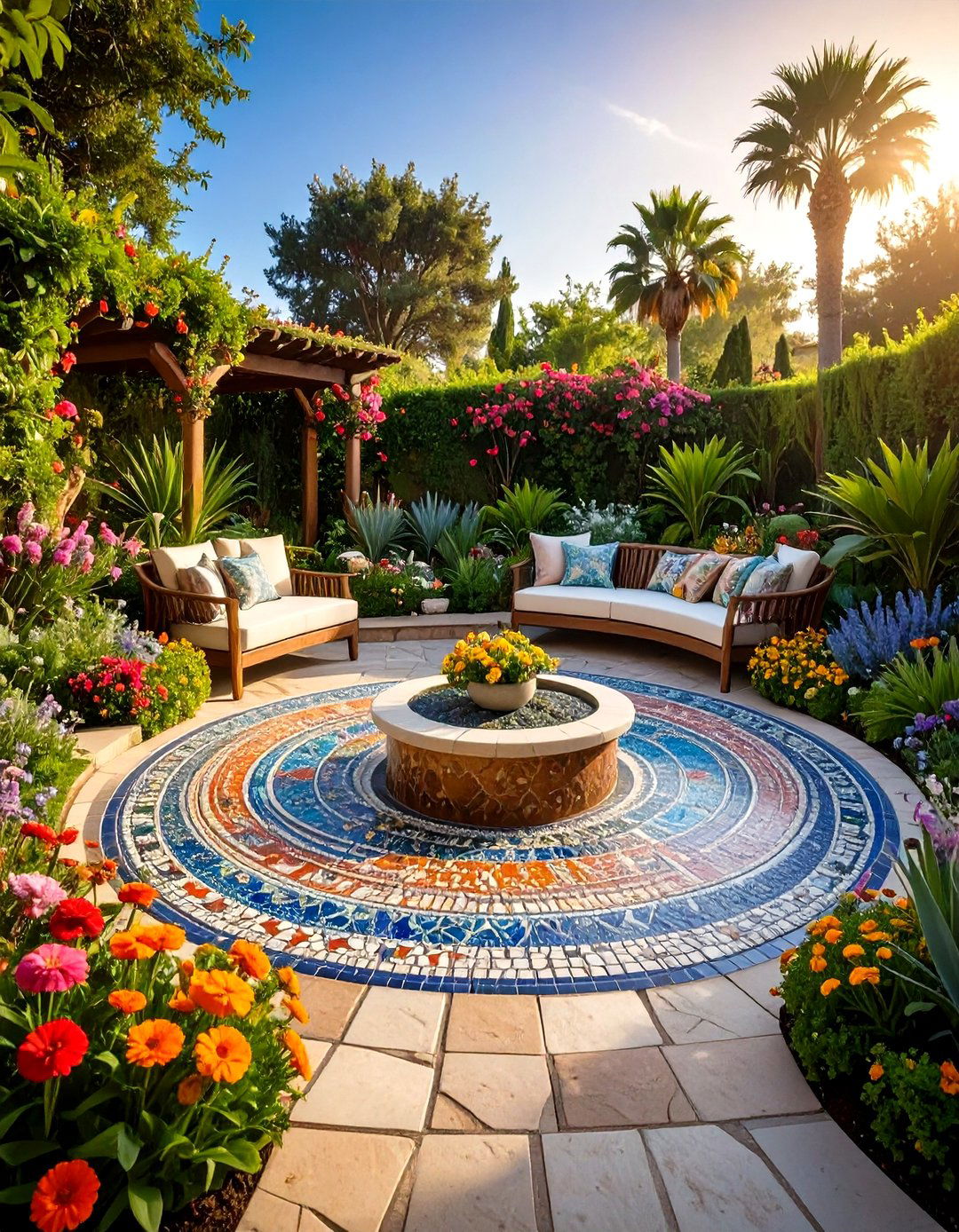 Semi Circle Patio with Artistic Mosaic Centerpiece - 24 Semi Circle Patio Ideas and Inspiration