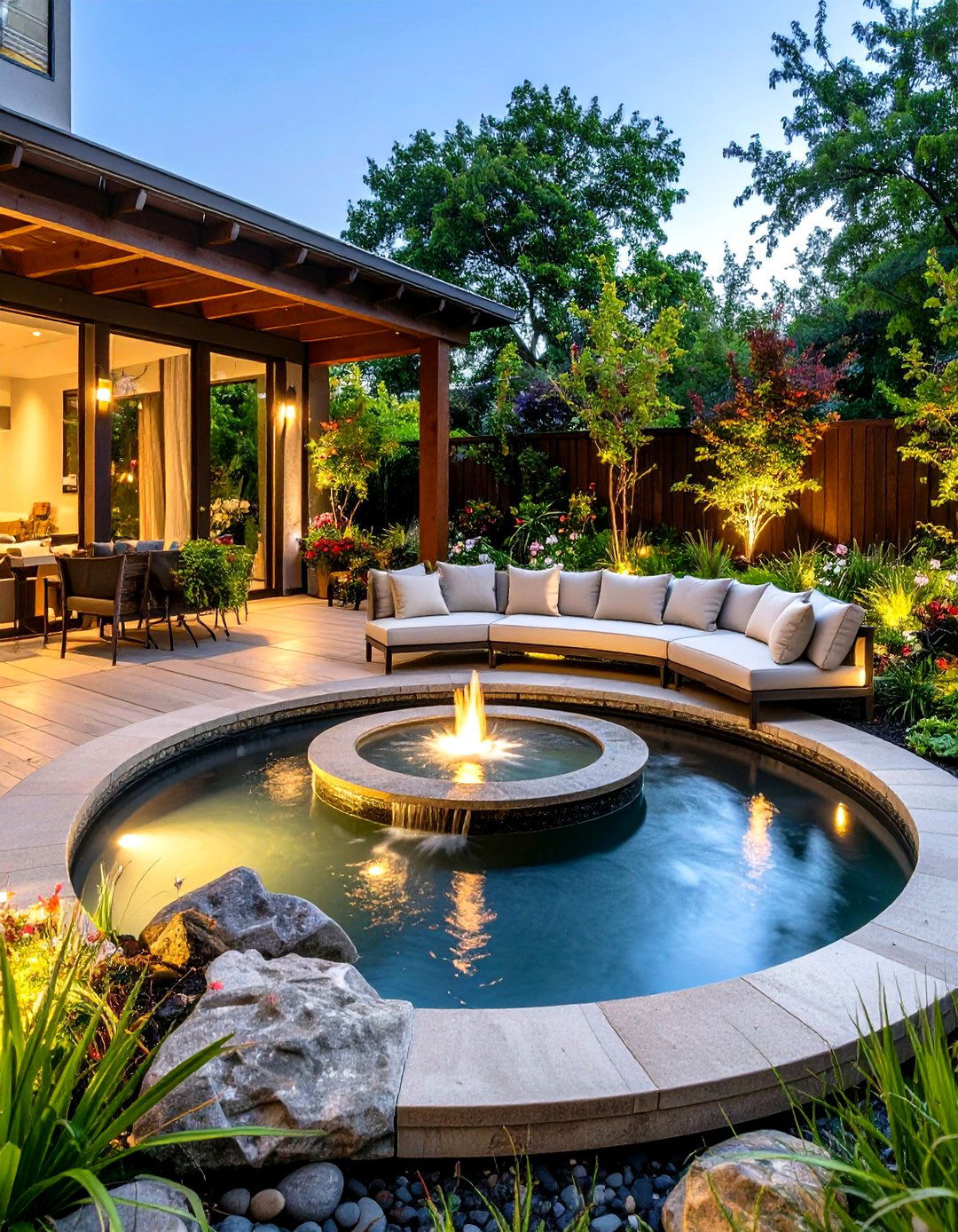 Semi Circle Patio with Water Feature Centerpiece - 24 Semi Circle Patio Ideas and Inspiration