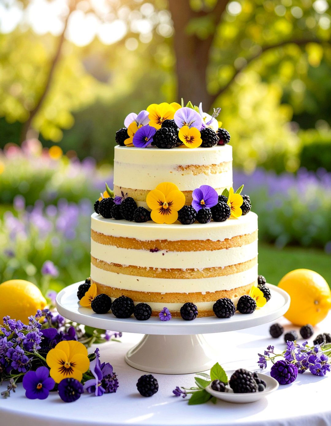 Semi Naked Blackberry Lemon Cake with Edible Flowers - 24 Naked and Semi-naked Wedding Cake Ideas