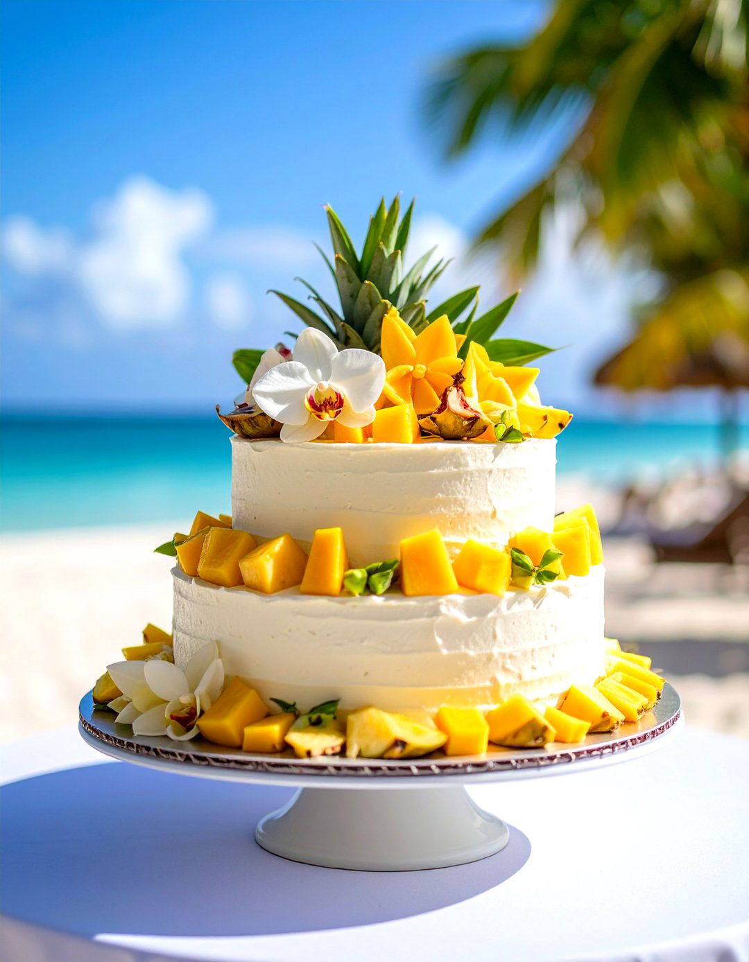 Semi Naked Coconut Cake with Tropical Fruit Arrangement - 24 Naked and Semi-naked Wedding Cake Ideas