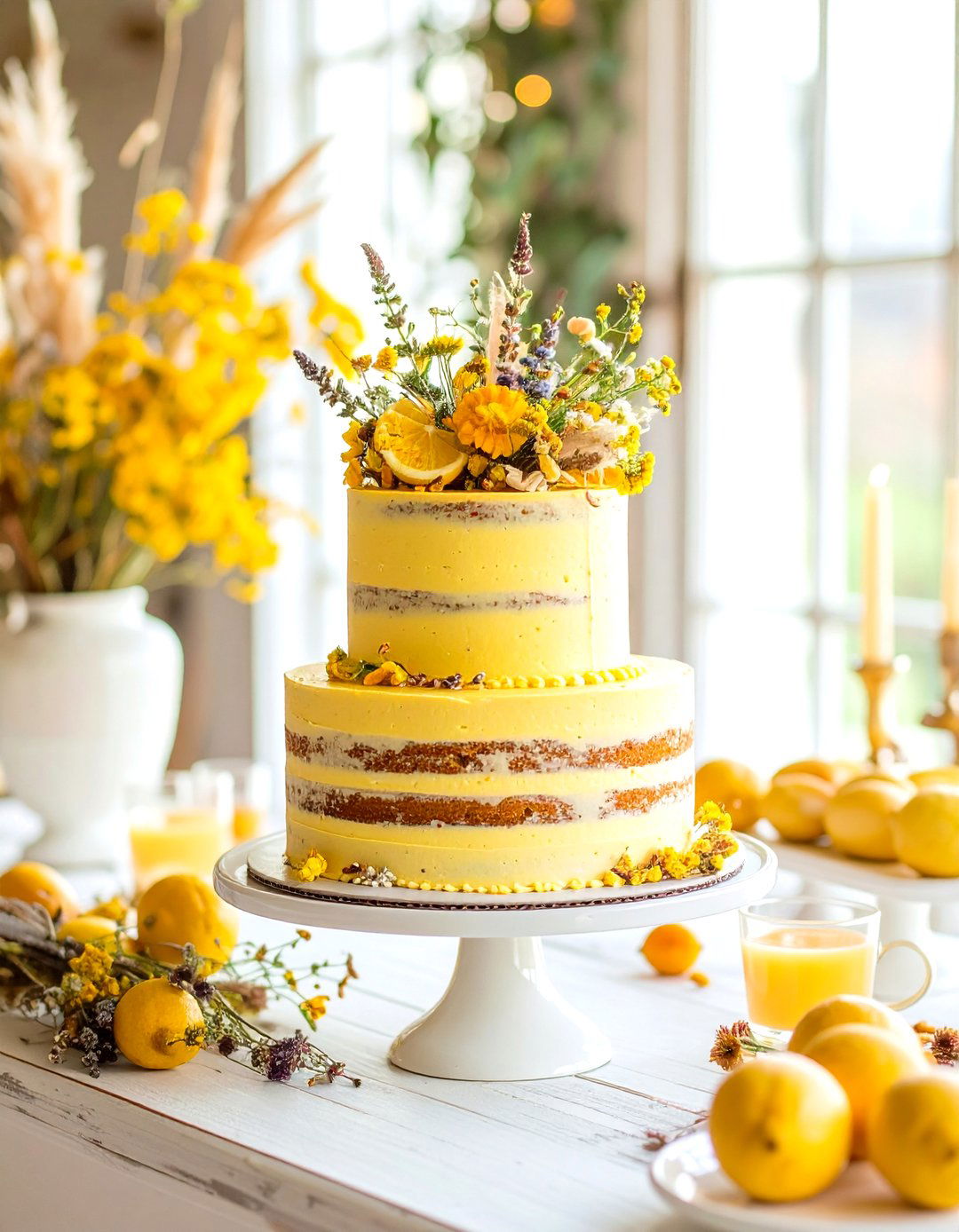 Semi Naked Earl Grey Cake with Lemon Curd and Dried Flowers - 24 Naked and Semi-naked Wedding Cake Ideas
