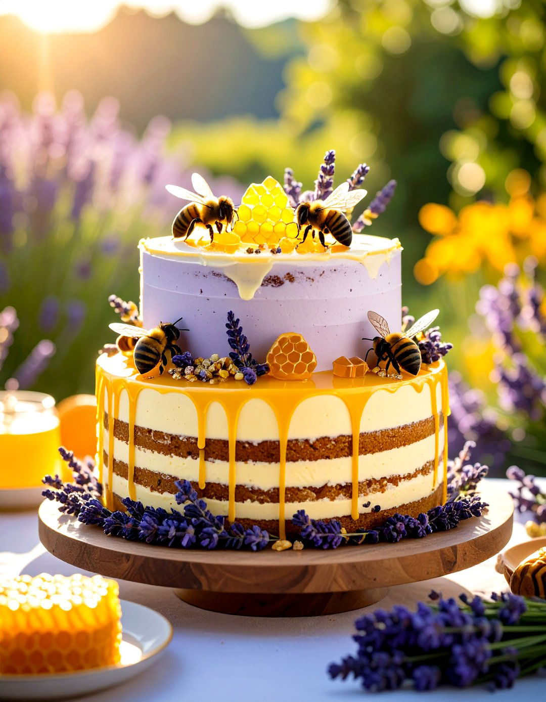 Semi Naked Lavender Honey Cake with Bee Themed Decoration - 24 Naked and Semi-naked Wedding Cake Ideas