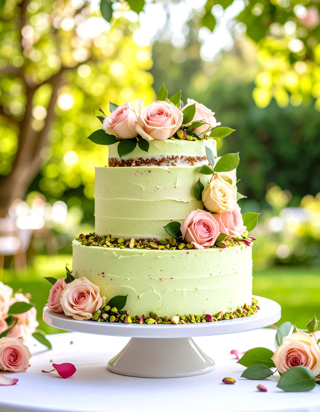 Semi Naked Pistachio Cake with Rose Petal Decoration - 24 Naked and Semi-naked Wedding Cake Ideas