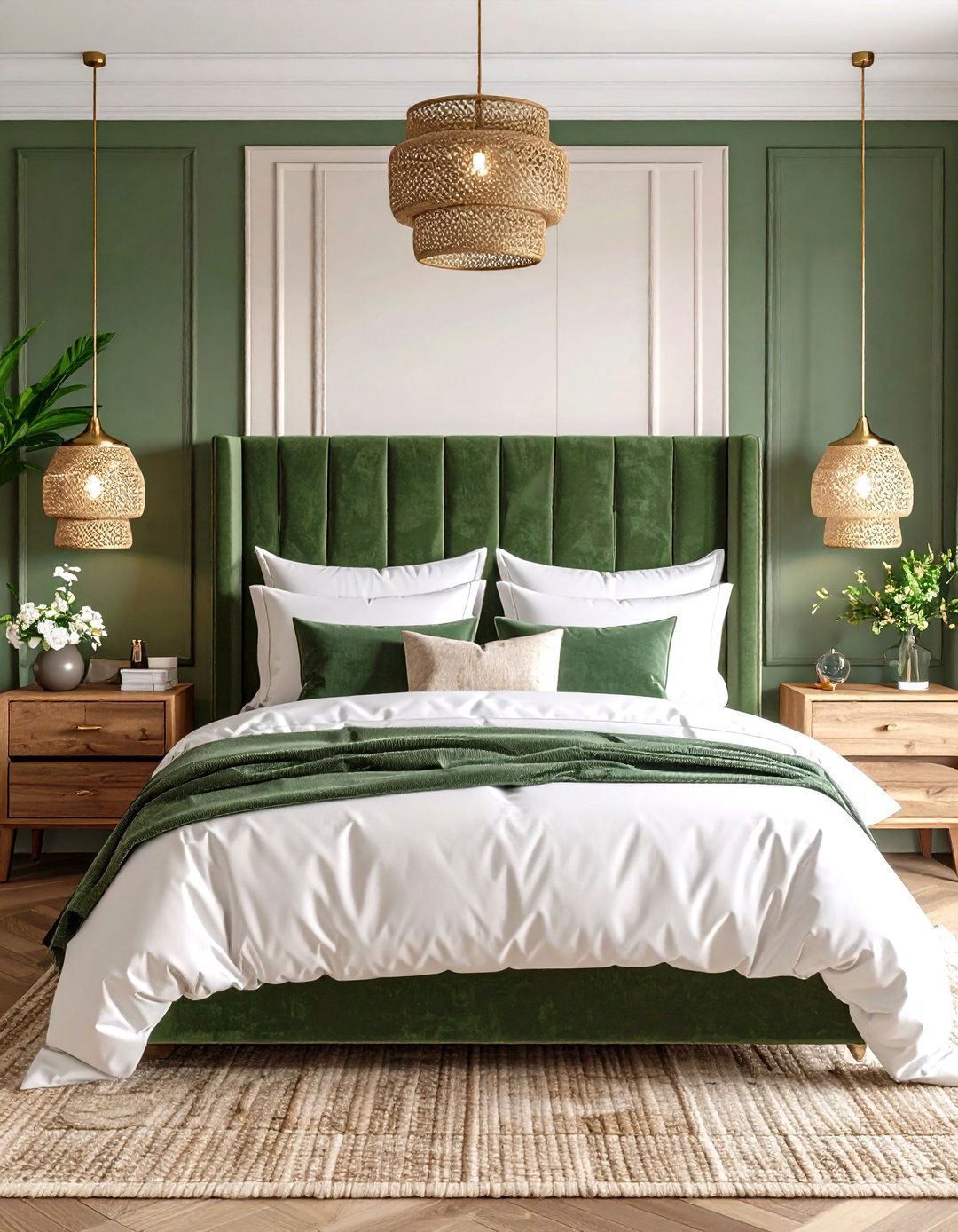 Serene Bedroom with Olive Green Velvet Headboard - 24 Olive Green Room Ideas