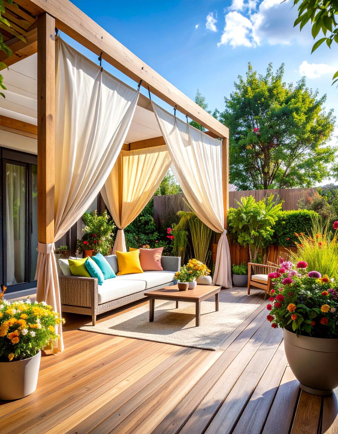 Shade Sail Privacy Wall with Triangular Fabric Configuration - 24 Deck With Privacy Wall