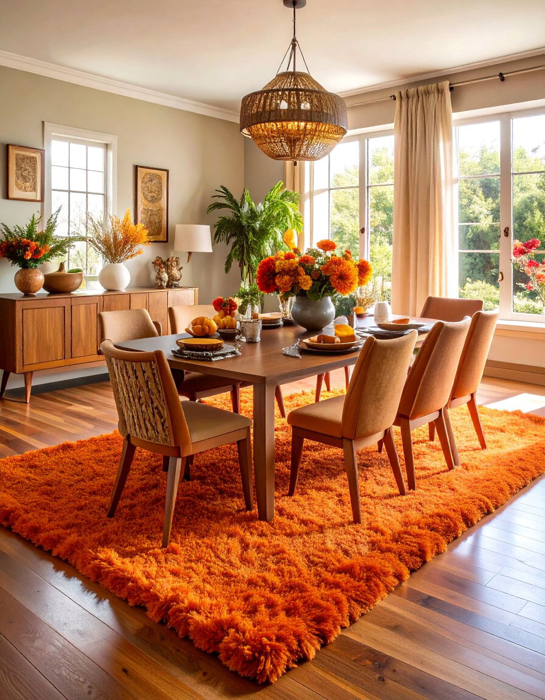 Shag Rugs in Vibrant Orange and Brown - 24 70s Dining Room Design Ideas