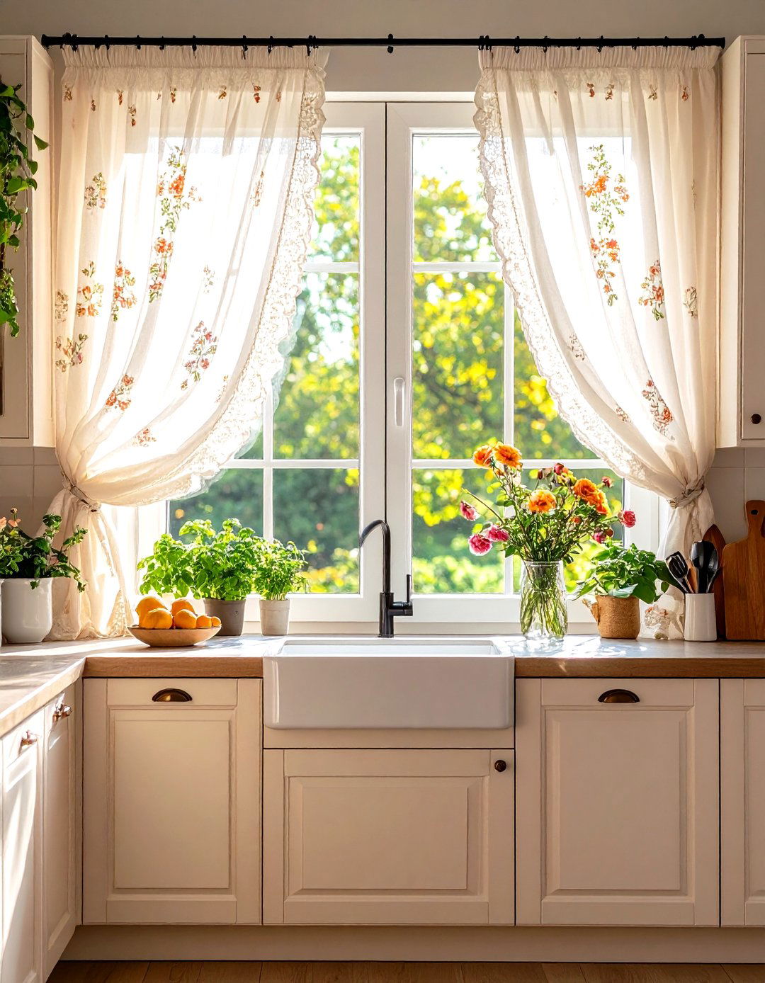 Sheer Panels with Embroidered Details - 24 Kitchen Curtain Ideas