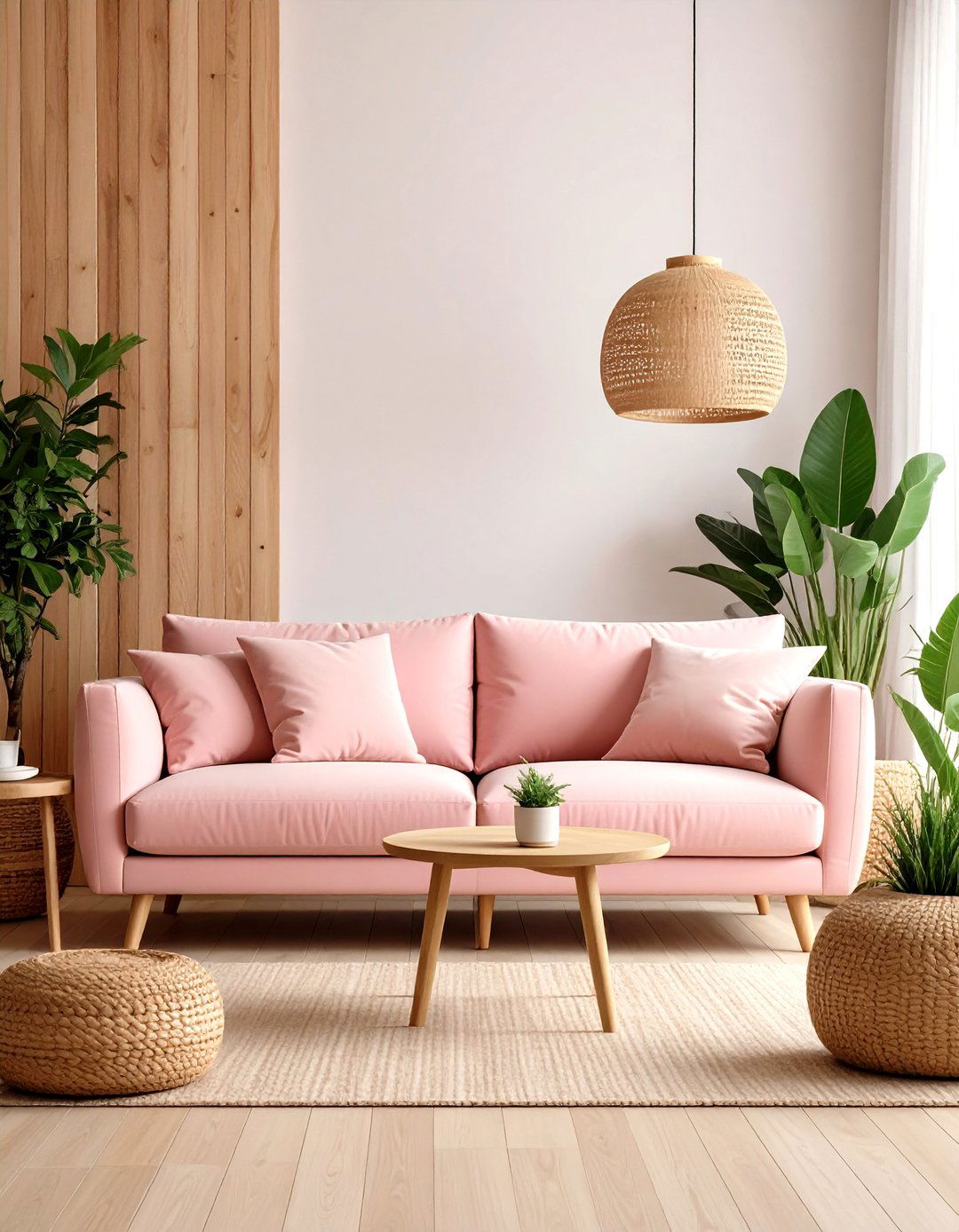 Shell Pink Couch with Natural Wood Elements - 24 Pink Couch Living Room Ideas