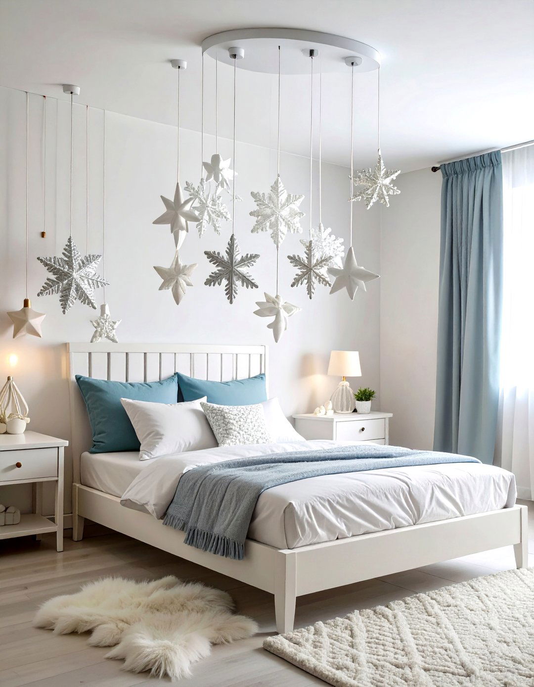 Shimmering Snowflake Mobile Above the Bed - 24 frozen room decor ideas