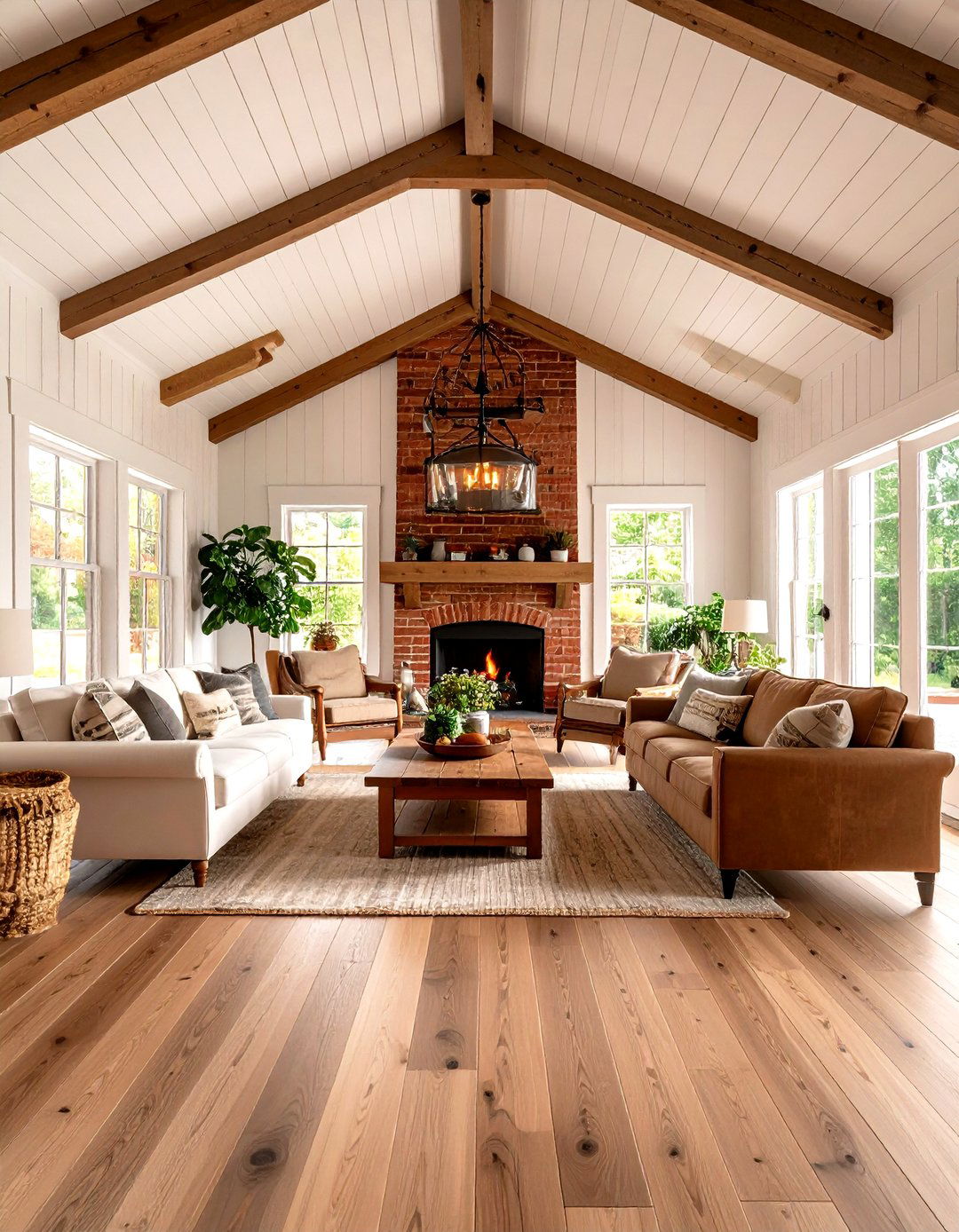 Shiplap Accent Wall With Brick Fireplace Design - 24 Rooms With Fireplaces With Vaulted Ceilings Features
