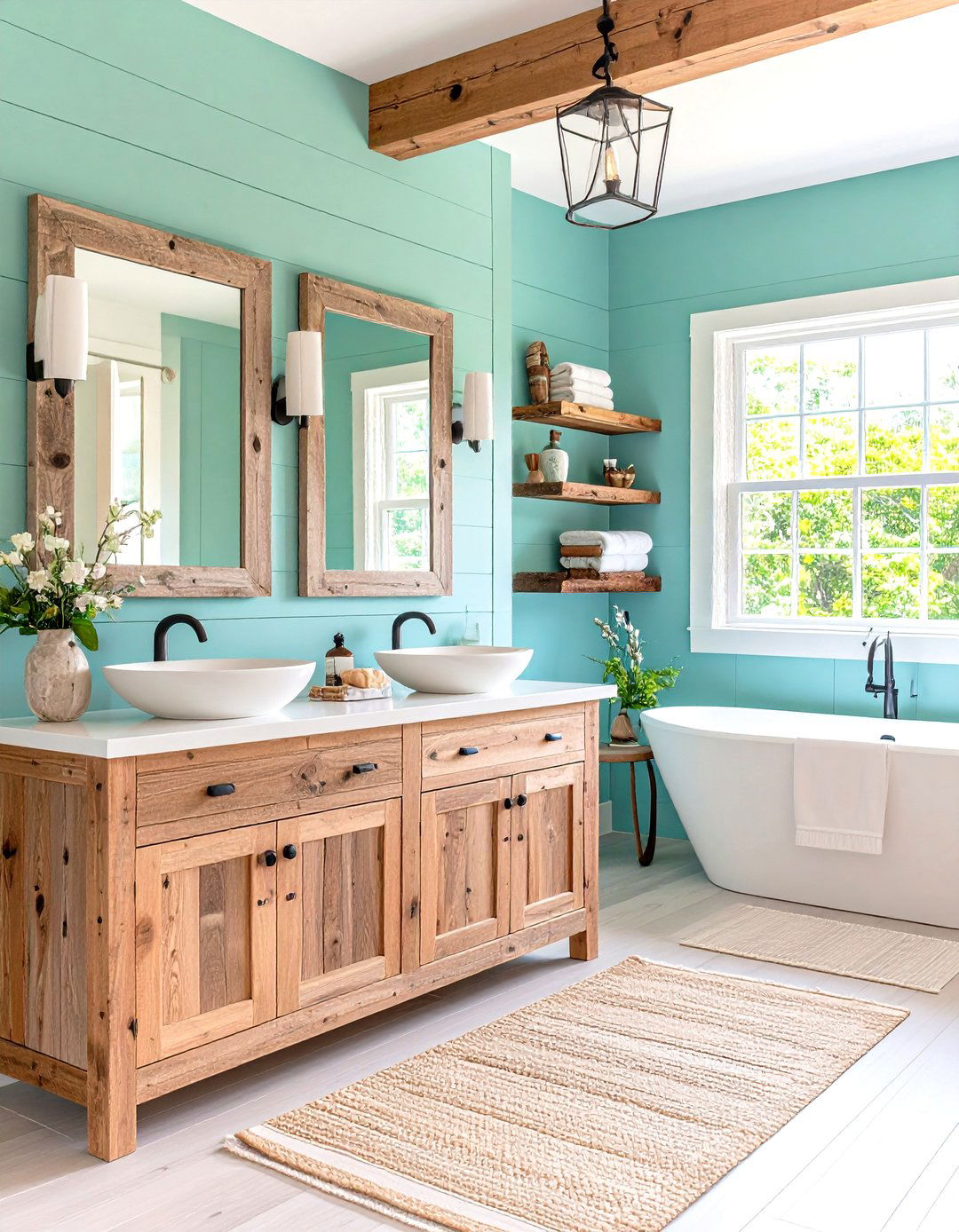 Shiplap Accent Wall with Driftwood Vanity - 24 Nautical Bathroom Ideas