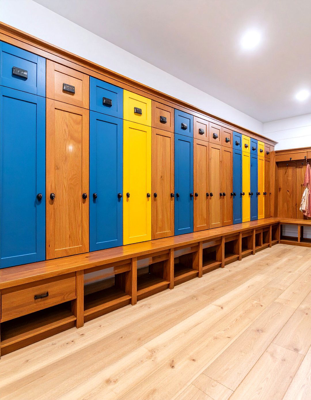Shiplap Built In Lockers with Wood Bench - 24 Farmhouse Mudroom Ideas