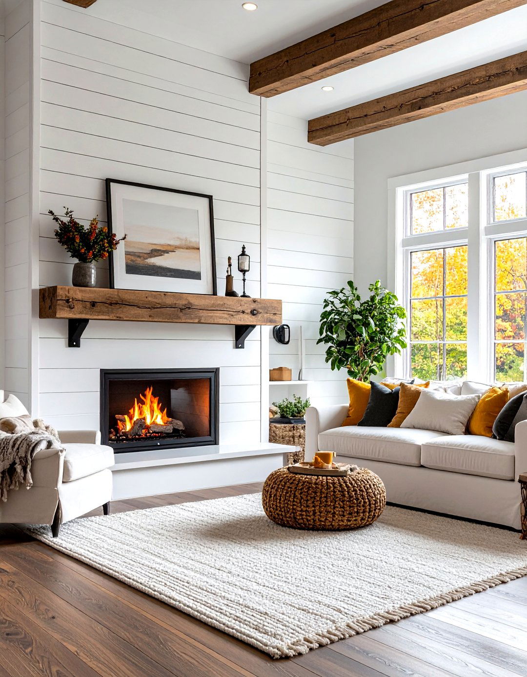 Shiplap Fireplace with Floating Wood Mantel and Iron Details - 24 Shiplap Fireplace Ideas