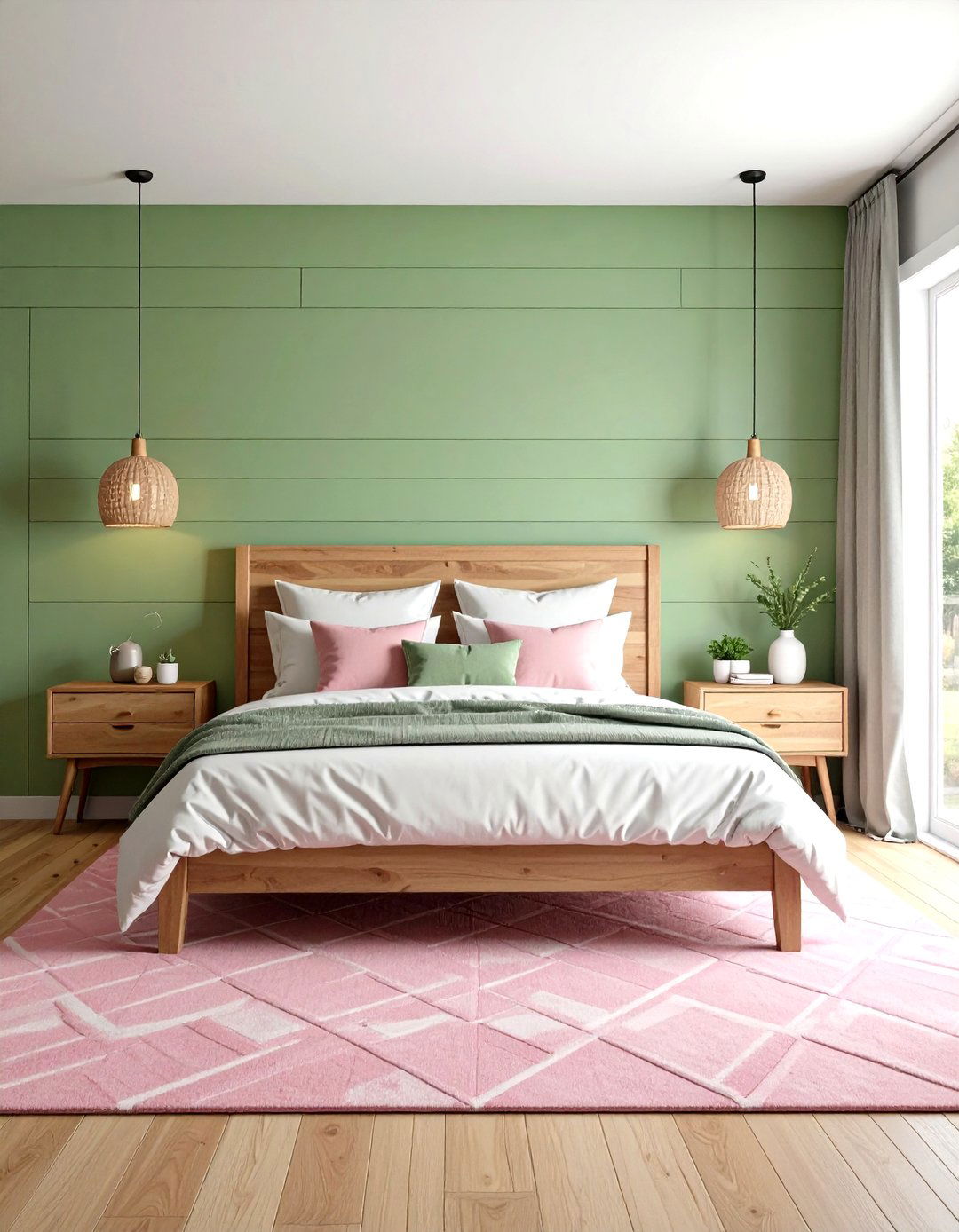 Shiplap Green Accent Wall with Pink Geometric Rug - 24 Pink and Green Bedroom Ideas