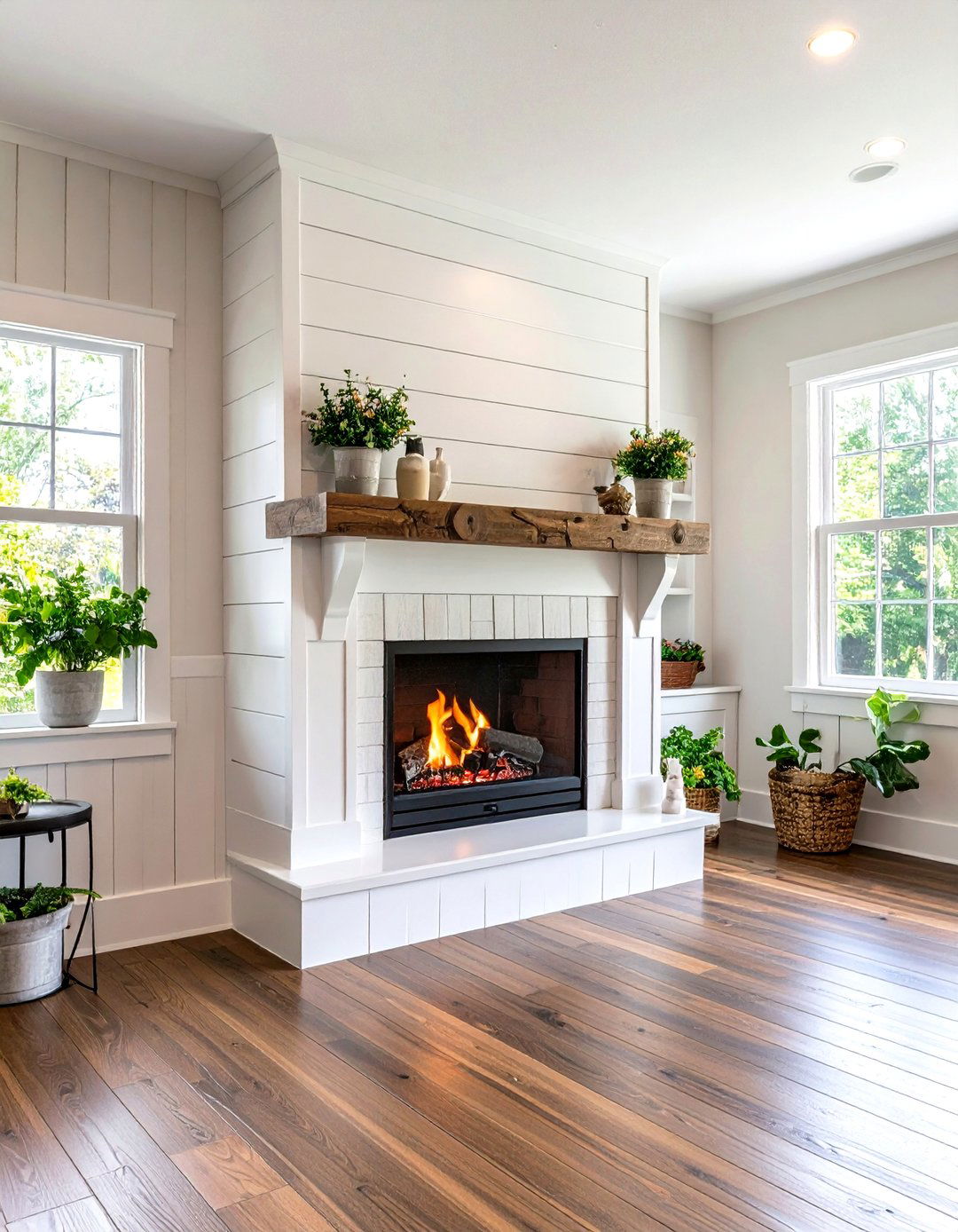 Shiplap Surround Electric Insert - 24 Basement Fireplace Ideas