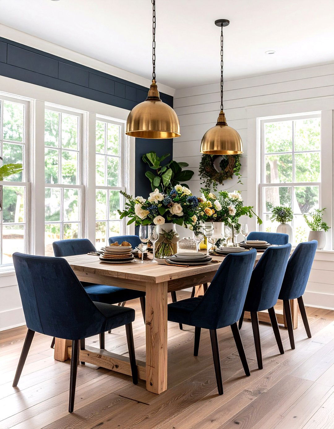 Shiplap Wainscoting with Dark Upper Walls - 24 Modern Farmhouse Dining Room Ideas
