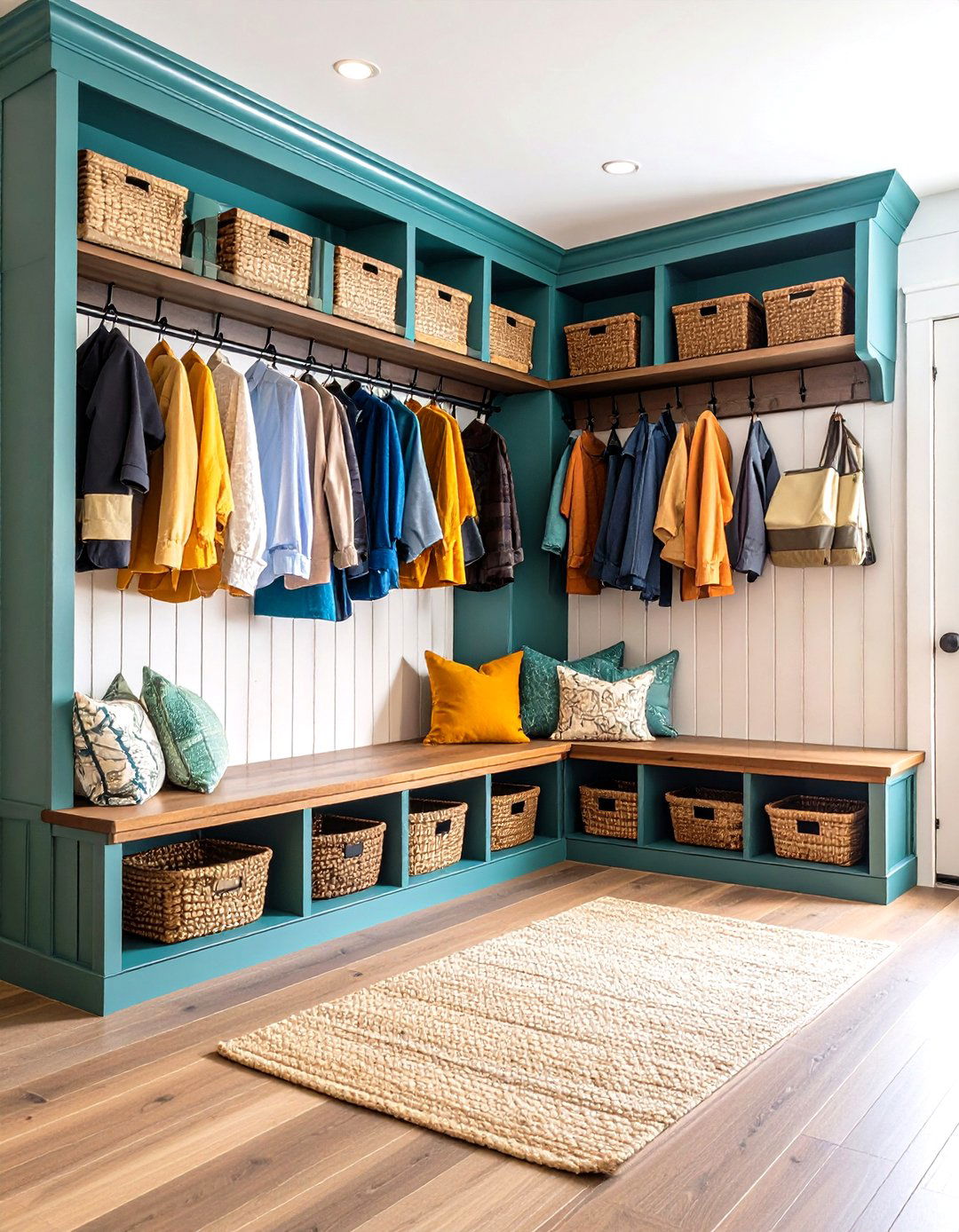 Shiplap Wall Storage Mudroom - 24 Farmhouse Entryway Ideas