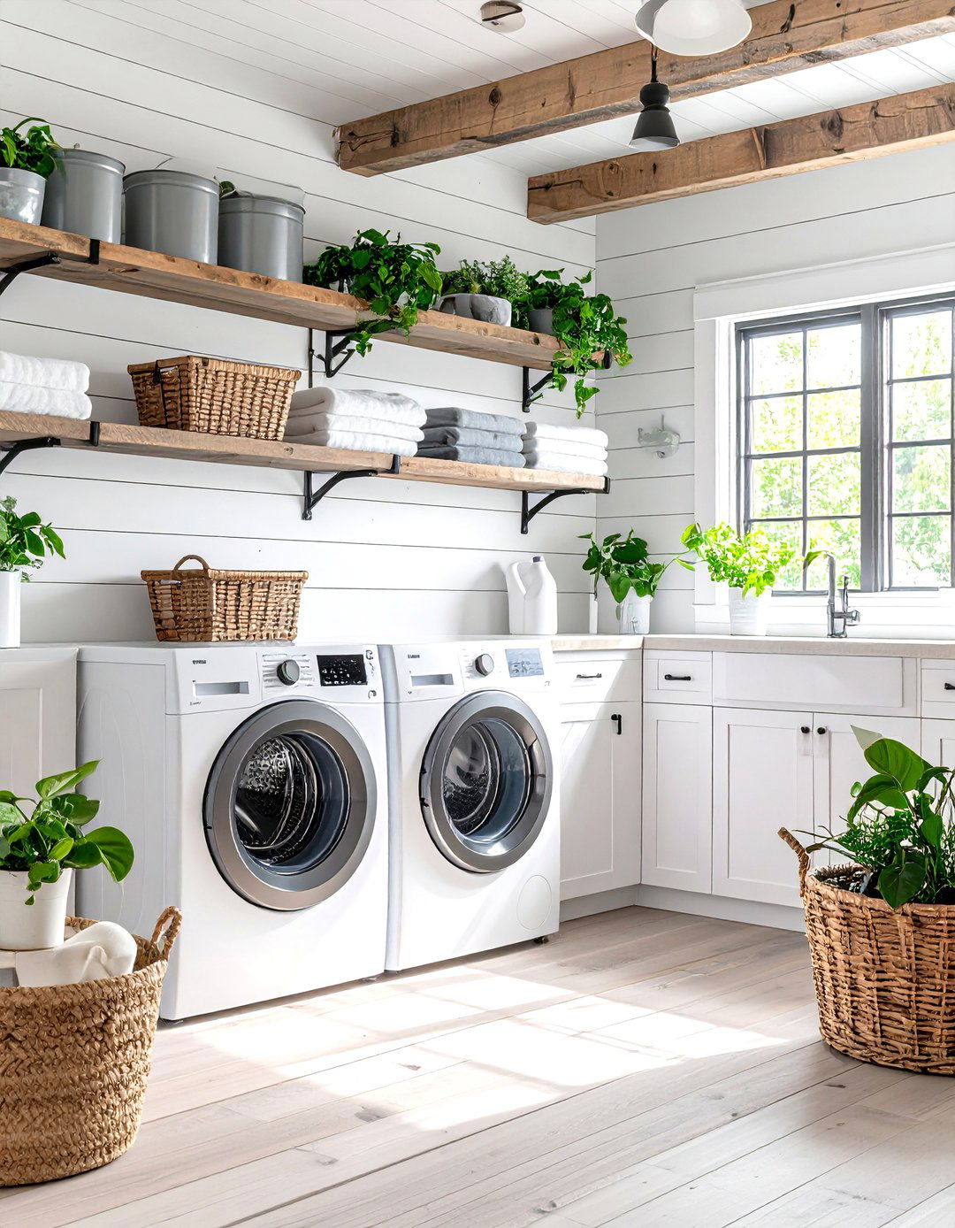 Shiplap with Industrial Pipe Shelving - 24 Shiplap Laundry Room Ideas