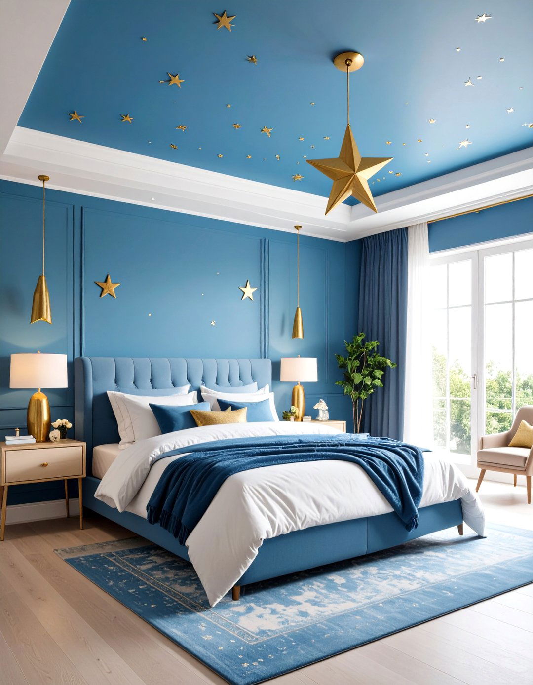 Sky Blue Ceiling with Gold Star Accents - 24 Blue and Gold Bedroom Ideas