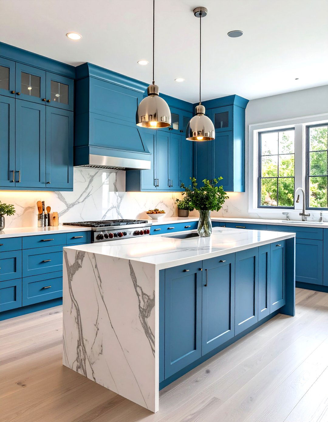 Sky Blue Flat Panel Cabinets with Marble Waterfall Island - 24 Light Blue Kitchen Cabinets Ideas