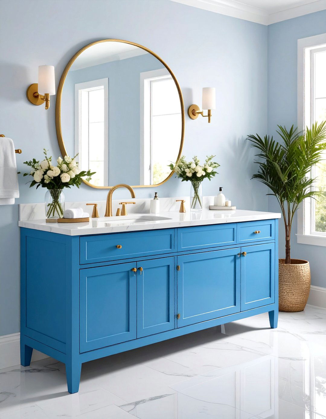 Sky Blue Vanity with Marble Countertops - 24 blue powder room ideas