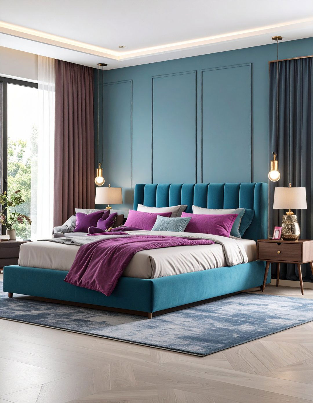 Slate Blue Headboard with Magenta Pillows - 24 Blue and Purple Bedroom Ideas