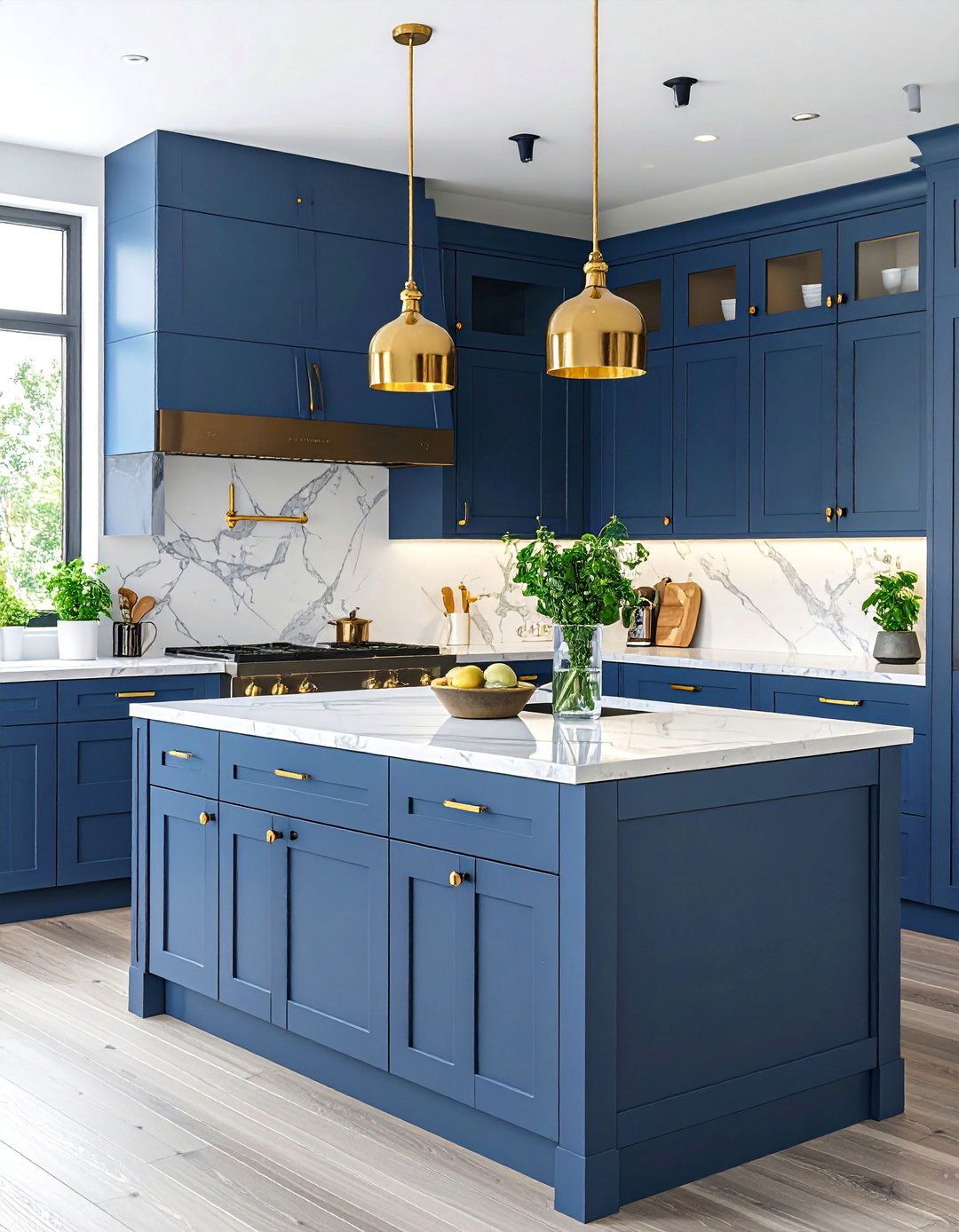 Slate Blue Island with Brass Hardware Details - 24 Blue Kitchen Island Ideas