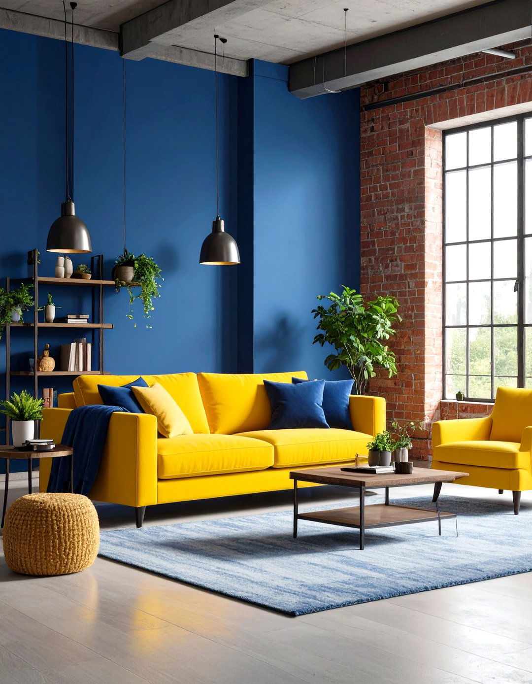 Slate Blue and Citrus Yellow Industrial - 24 Yellow and Blue Living Room Ideas