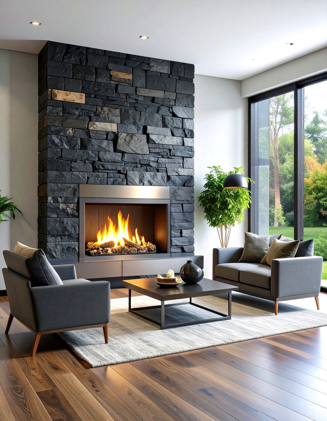 Slate Fireplace with Contemporary Metal Accents - 24 Stone Fireplace Ideas