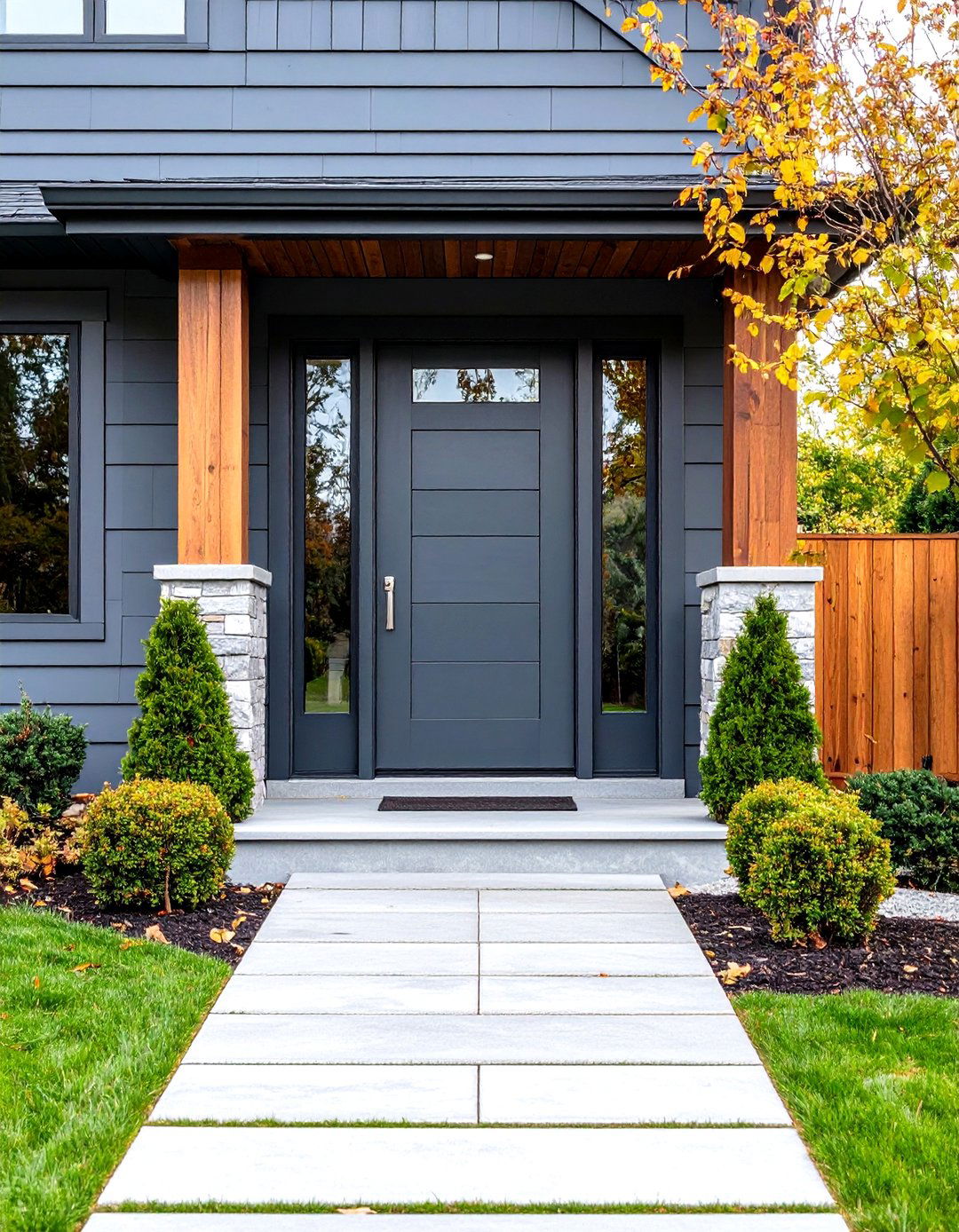 Slate Gray Door with Horizontal Wood Accents - 24 Dark Gray Front Door Ideas