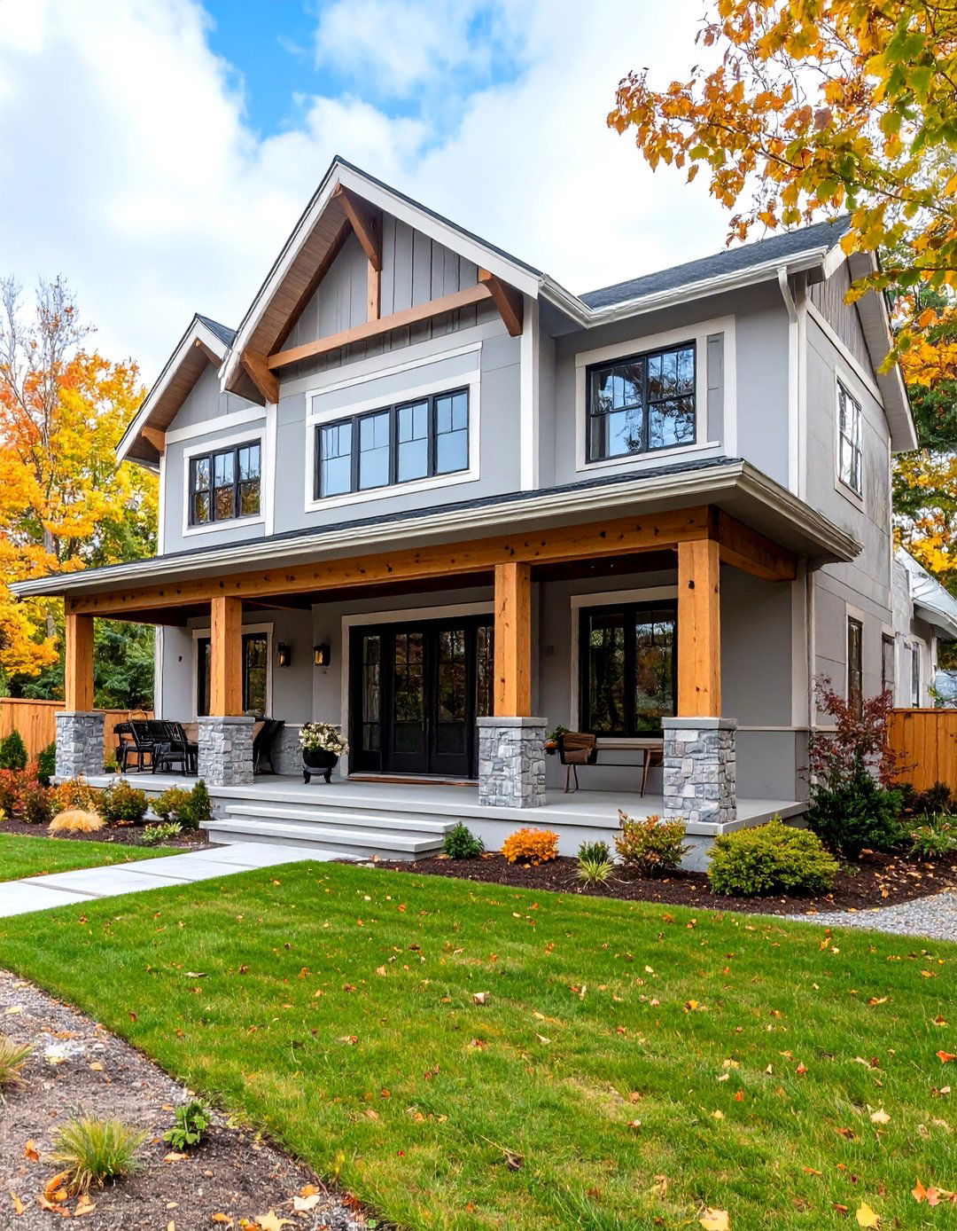Slate Grey Stucco with Natural Wood Beam Details - 24 Dark Grey House Exterior Ideas