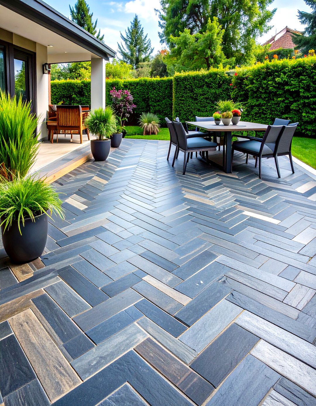Slate Herringbone Pattern Patio - 24 Stone Patio Ideas