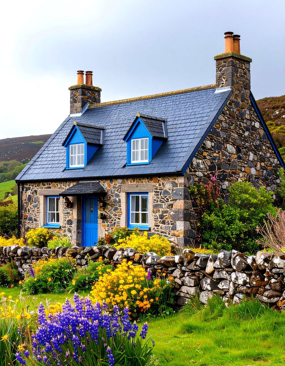 Slate Roof Cottage with Stone Chimneys - 24 Cottagecore House Exterior Ideas