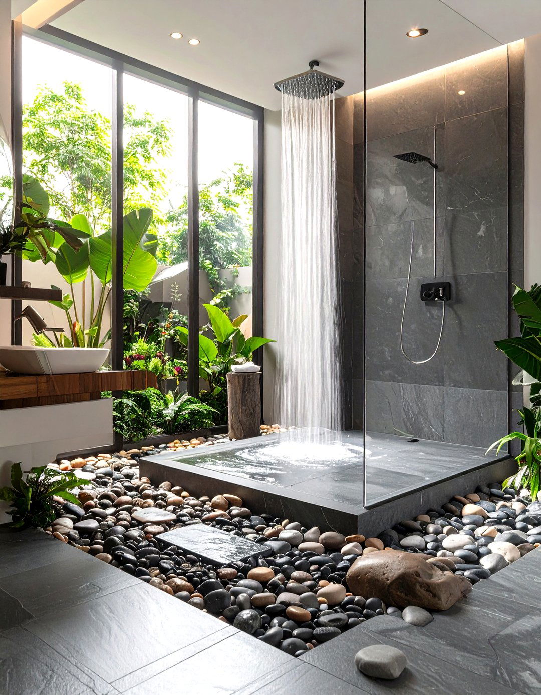 Slate Shower Floors with River Rock Accents - 24 Stone Bathroom Ideas