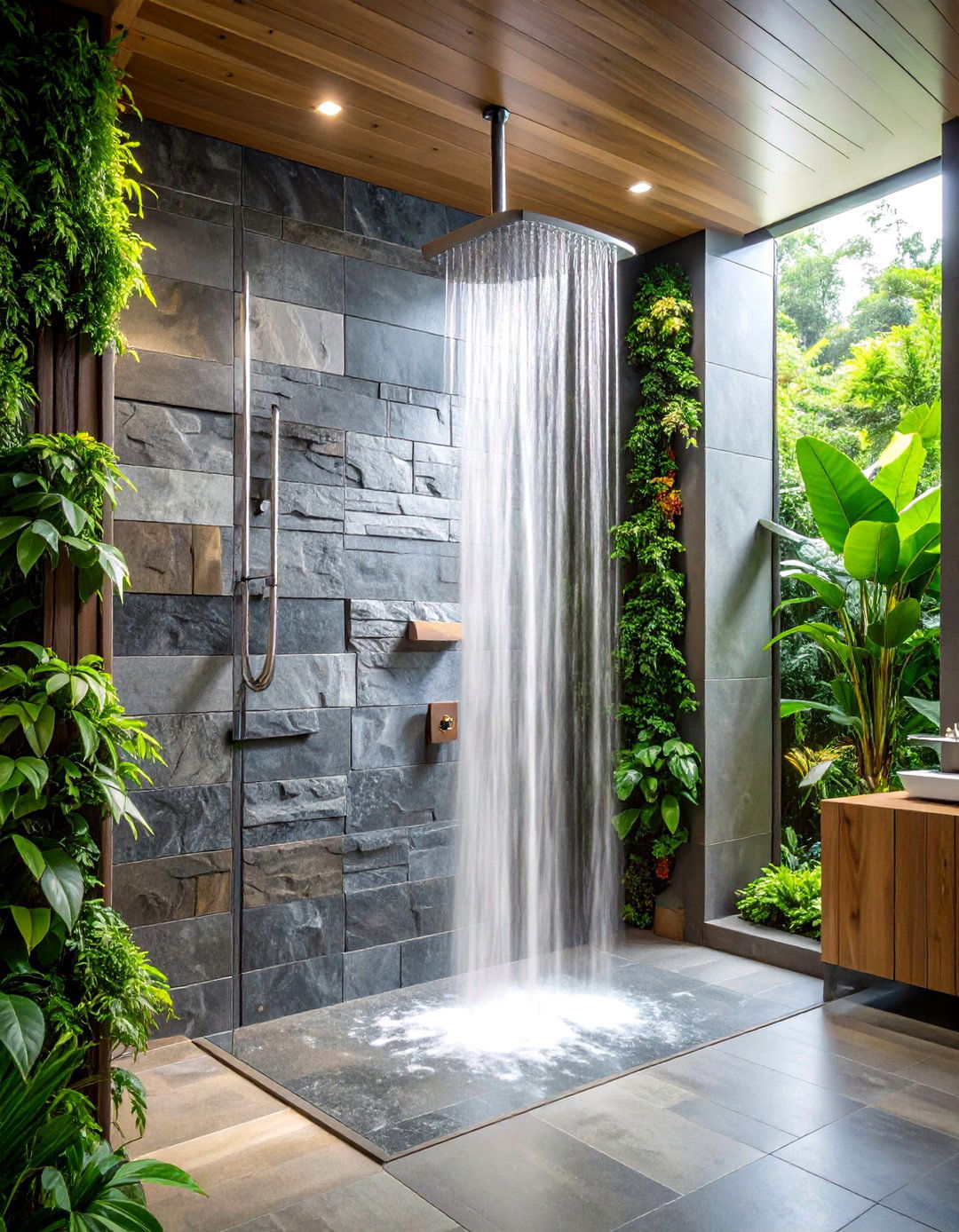 Slate Tile Waterfall Effect - 24 Rustic Walk-in Shower Ideas